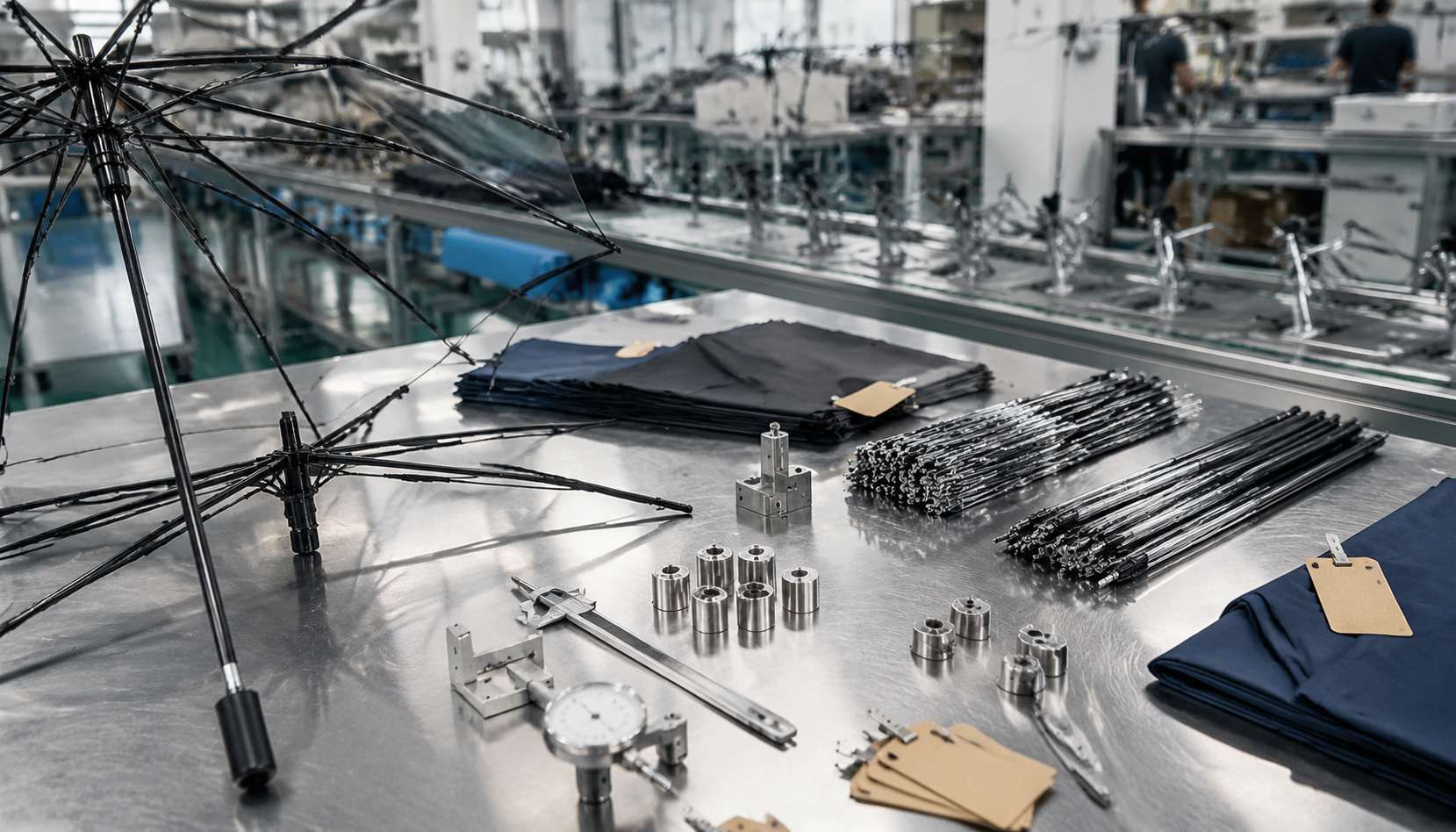 In-Line Umbrella Frame Assembly Controls for Bulk Orders